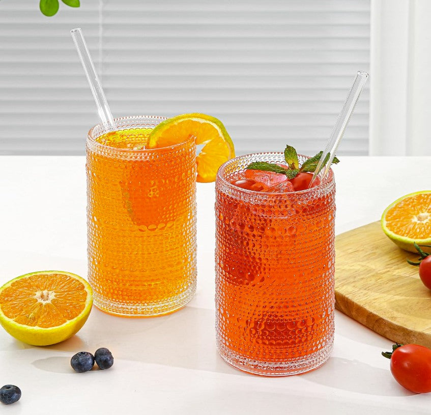 Vintage Hobnail Glass Drinking Glasses in a rustic setting, embodying the classic design of vintage hobnail glassware.
