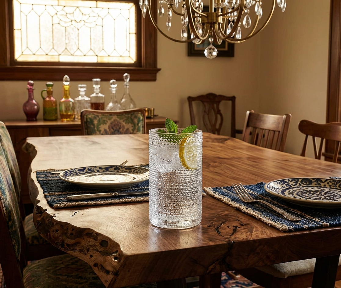 Charming setup of Vintage Hobnail Glass Drinking Glasses with floral accents, highlighting the romantic vintage hobnail glassware.