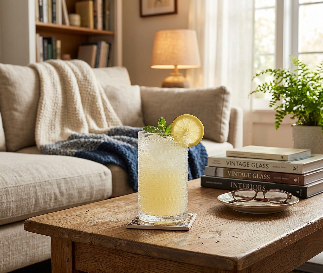 Vintage Hobnail Glass Drinking Glasses Set of 6 displayed with infused water, showcasing the beauty of vintage hobnail glassware.