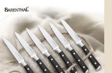 6-Piece German Stainless Steel Serrated Steak Knife Set designed for cutting steak, chops, poultry, and meat