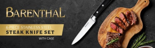6-Piece German Stainless Steel Serrated Steak Knife Set styled with plates, linen napkins, and warm candlelight