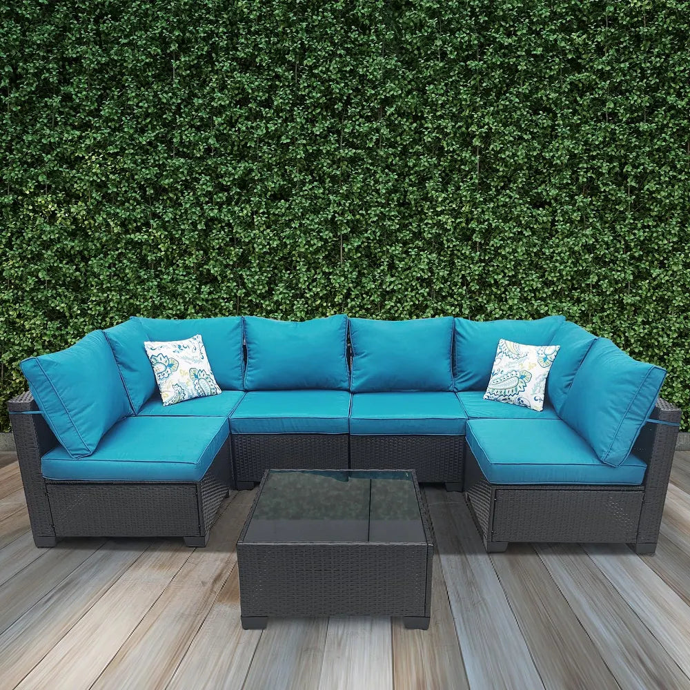 Full view of the Modular 7-Piece PE Rattan Wicker Patio Set arranged in a U-shape, perfect for outdoor gatherings.