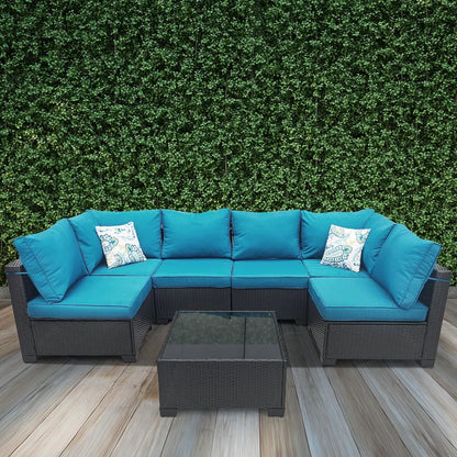 Full view of the Modular 7-Piece PE Rattan Wicker Patio Set arranged in a U-shape, perfect for outdoor gatherings.