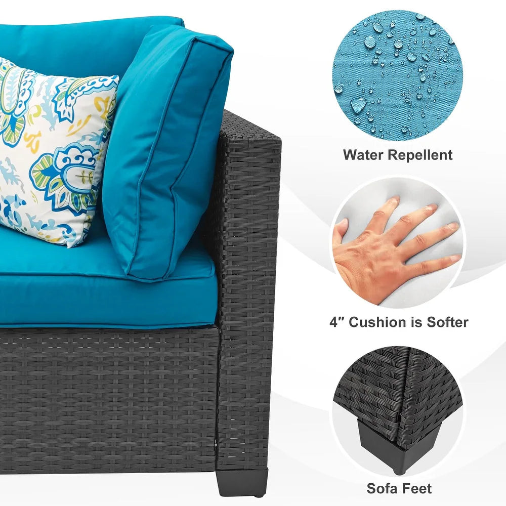 Chic glass-top coffee table included in the Modular 7-Piece PE Rattan Wicker Patio Set, enhancing outdoor aesthetics.