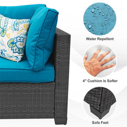 Chic glass-top coffee table included in the Modular 7-Piece PE Rattan Wicker Patio Set, enhancing outdoor aesthetics.
