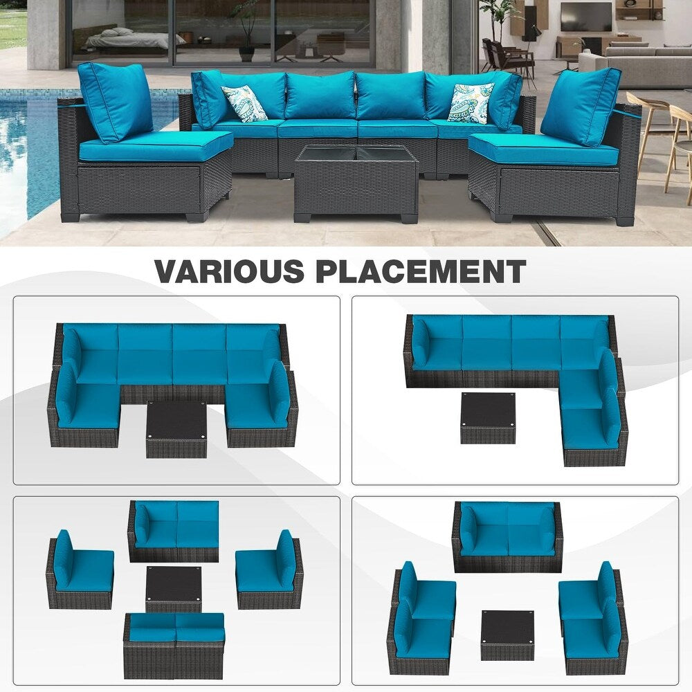 Vibrant Peacock Blue color option of the Modular 7-Piece PE Rattan Wicker Patio Set, adding a pop of color to your patio.