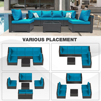 Vibrant Peacock Blue color option of the Modular 7-Piece PE Rattan Wicker Patio Set, adding a pop of color to your patio.