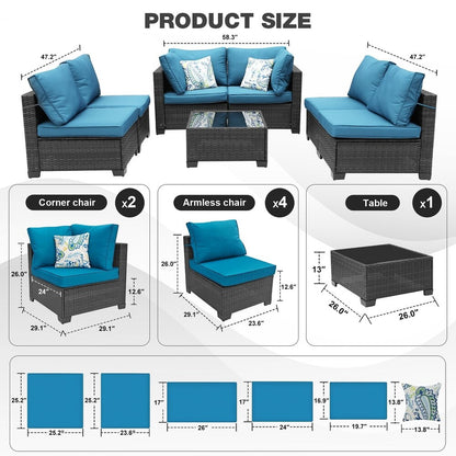Modular 7-Piece PE Rattan Wicker Patio Set displayed on a spacious deck, highlighting versatility and space efficiency.