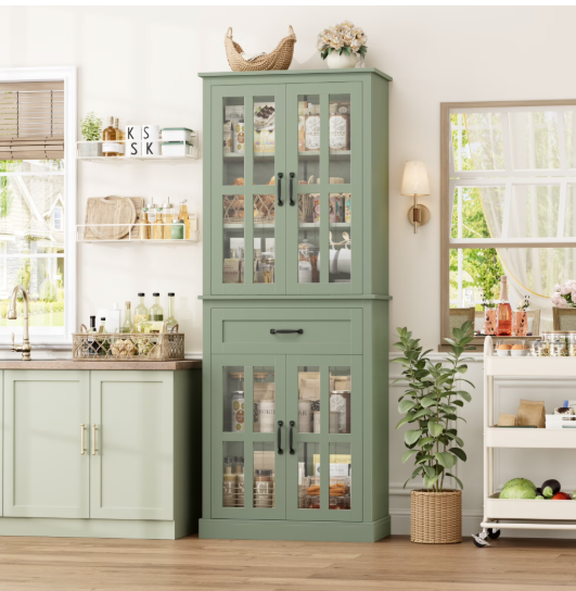 Customizable Glass Door Wooden Tall Storage Cabinet with Drawer – 71” Green Bookcase featuring adjustable shelving, a fabulous glass door storage cabinet.