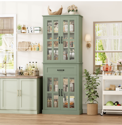 Customizable Glass Door Wooden Tall Storage Cabinet with Drawer – 71” Green Bookcase featuring adjustable shelving, a fabulous glass door storage cabinet.