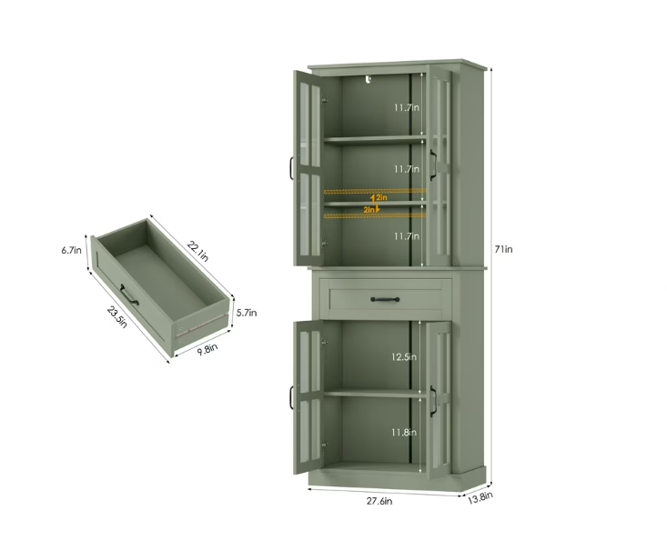 Design-forward Glass Door Wooden Tall Storage Cabinet with Drawer – 71” Green Bookcase with adjustable shelves, an attractive glass door storage cabinet.