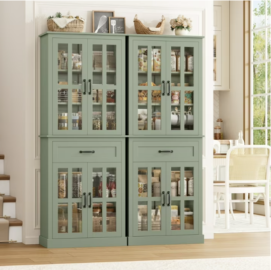 Trendy Glass Door Wooden Tall Storage Cabinet with Drawer – 71” Modern Green Pantry Bookcase ideal for optimized organization as a glass door storage cabinet.