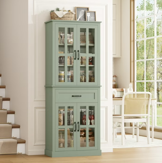 Beautifully crafted Glass Door Wooden Tall Storage Cabinet with Drawer – 71” Green Bookcase enhancing home décor as a stunning glass door storage cabinet.