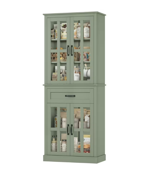 Functional Glass Door Wooden Tall Storage Cabinet with Drawer – 71” Green Pantry Bookcase serving double duty as a space-saving glass door storage cabinet.