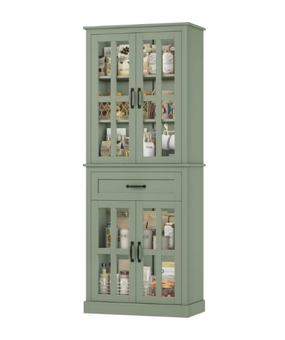 Functional Glass Door Wooden Tall Storage Cabinet with Drawer – 71” Green Pantry Bookcase serving double duty as a space-saving glass door storage cabinet.