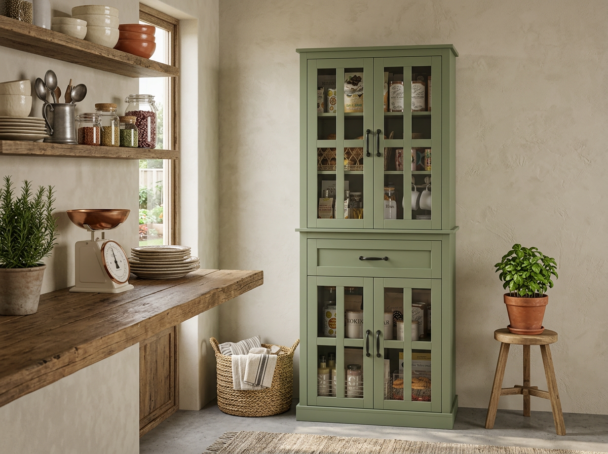 Innovative Glass Door Wooden Tall Storage Cabinet with Drawer – 71” Modern Green Pantry Bookcase ideal for display and function as a glass door storage cabinet.