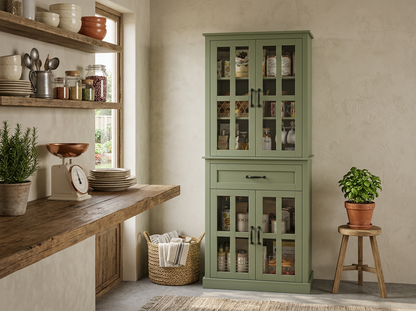 Innovative Glass Door Wooden Tall Storage Cabinet with Drawer – 71” Modern Green Pantry Bookcase ideal for display and function as a glass door storage cabinet.