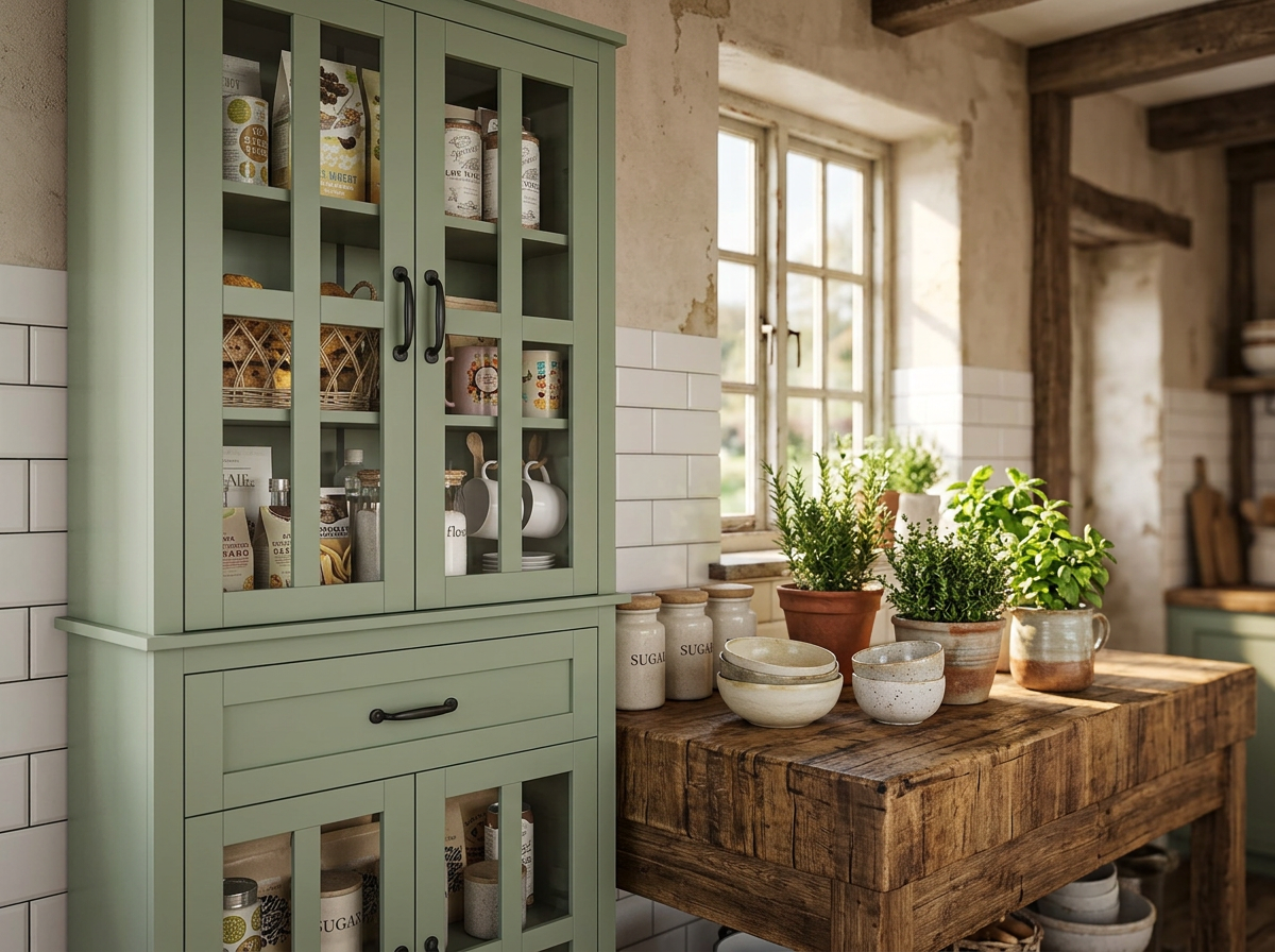 Versatile Glass Door Wooden Tall Storage Cabinet with Drawer – 71” Modern Green Bookcase perfect for any room, acting as a glass door storage cabinet.