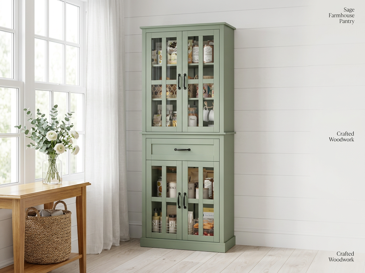 Contemporary Glass Door Wooden Tall Storage Cabinet with Drawer – 71” Green Pantry Bookcase designed as a practical glass door storage cabinet for versatile use.