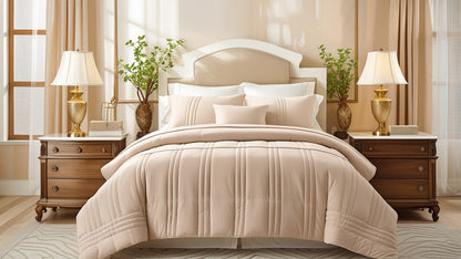Elegant layer of apricot beige comforter from the Luxury King Comforter Set, adding warmth and a polished touch to the bedroom.