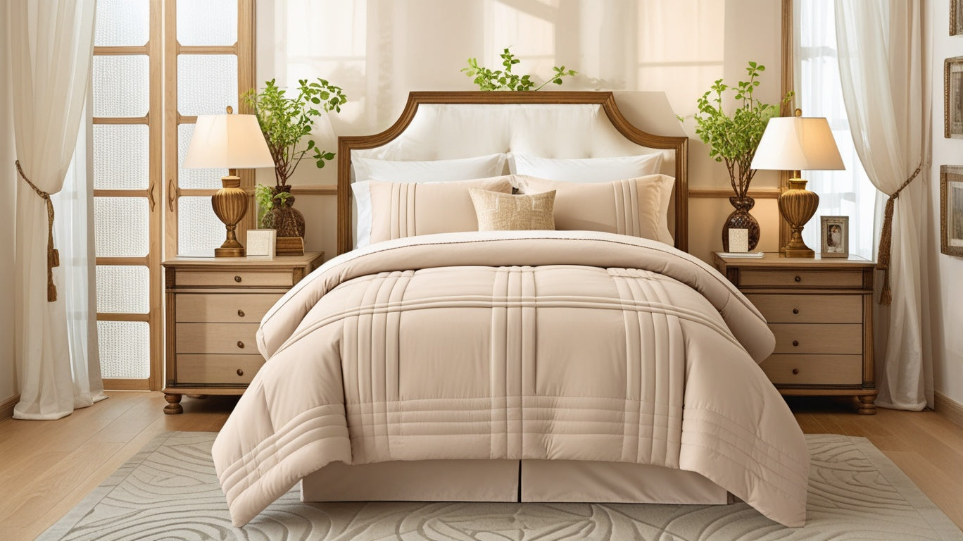 Overview of the Luxury King Comforter Set showcasing an apricot beige comforter along with matching accessories, perfect for a complete bedroom upgrade.
