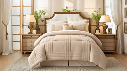 Overview of the Luxury King Comforter Set showcasing an apricot beige comforter along with matching accessories, perfect for a complete bedroom upgrade.