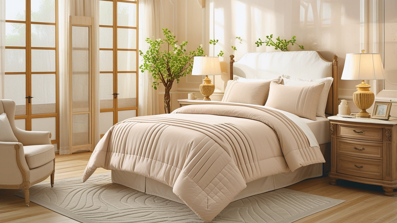 Luxury apricot beige comforter styled with neutral pillows to create a cozy, inviting bedroom atmosphere as part of the 7 Piece Bed in a Bag.