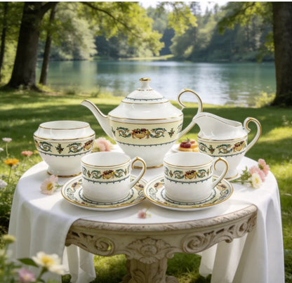 Charming image of Aynsley Fine Bone China Tea Set set against a vintage tea party background.
