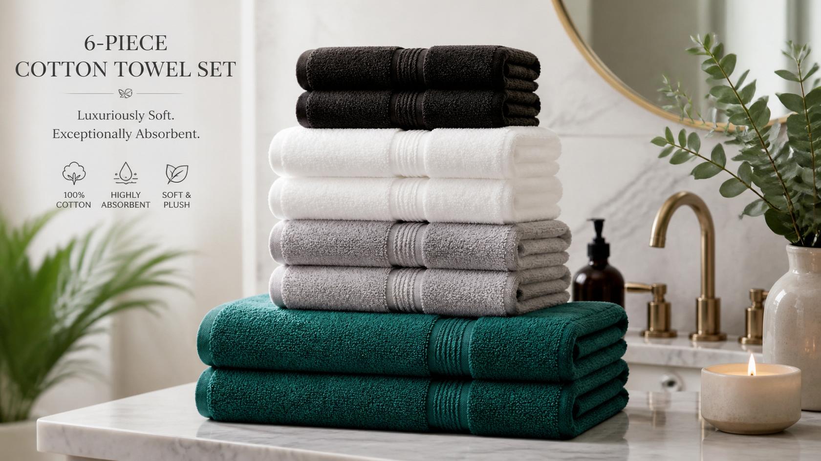 Versatile Luxury 6-Piece Cotton Bath Towel Set colors, from white to gray, suitable for all interiors. Luxury cotton towel set.