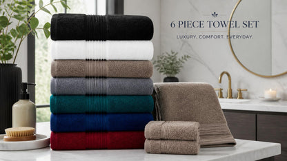 Detail of the luxe cotton fibers in the Luxury 6-Piece Cotton Bath Towel Set, promoting durability and softness. Luxury cotton towel set.