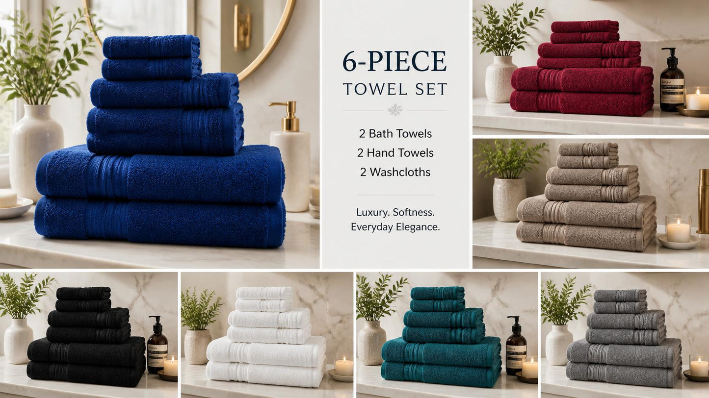 6-piece towel set configuration from the Luxury 6-Piece Cotton Bath Towel Set, making it an essential for any bathroom. Luxury cotton towel set.