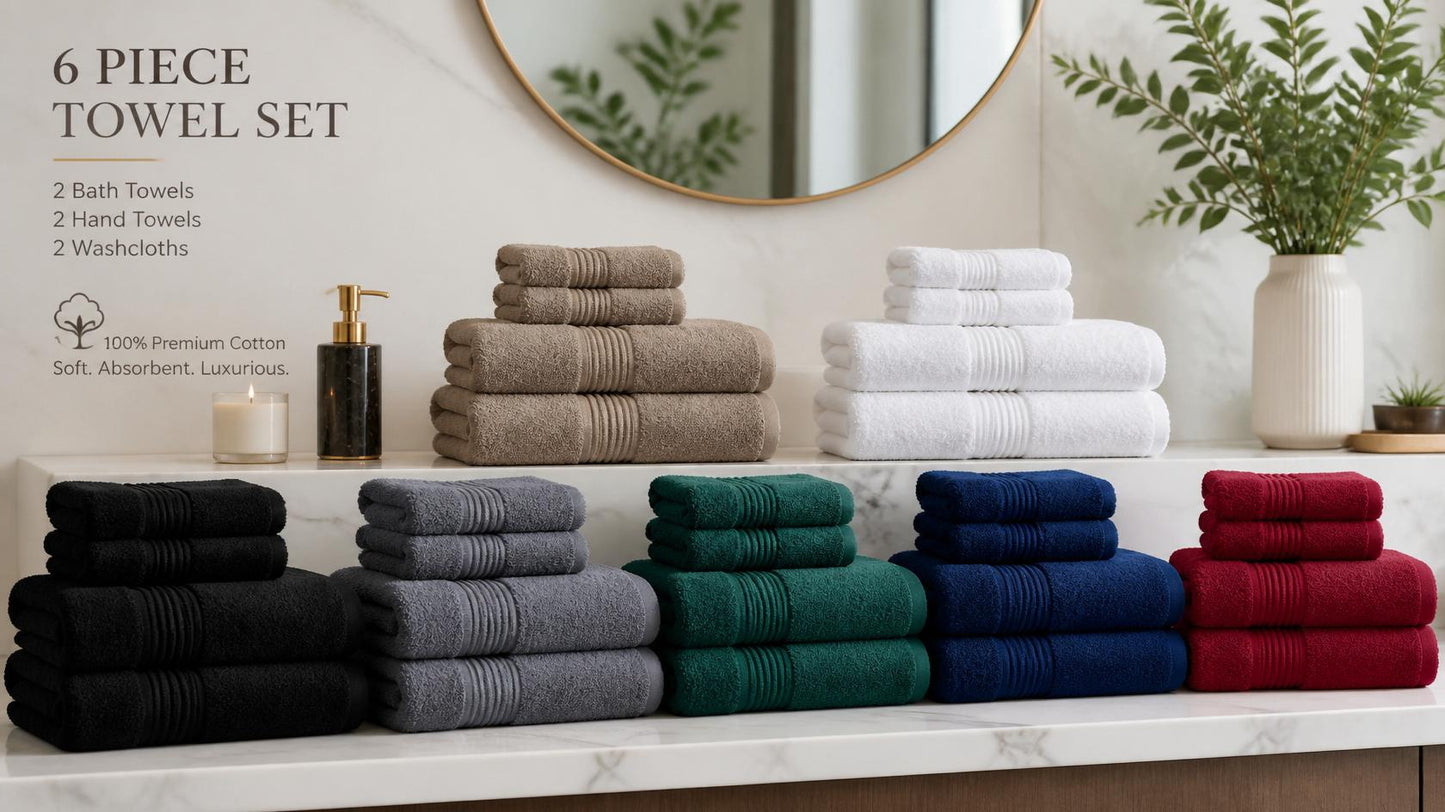 Cozy feel of the Luxury 6-Piece Cotton Bath Towel Set, showcasing its everyday comfort and premium quality. Luxury cotton towel set.