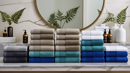 The Luxury 6-Piece Cotton Bath Towel Set organized on a bathroom shelf, illustrating a tidy, upscale look. Luxury cotton towel set.