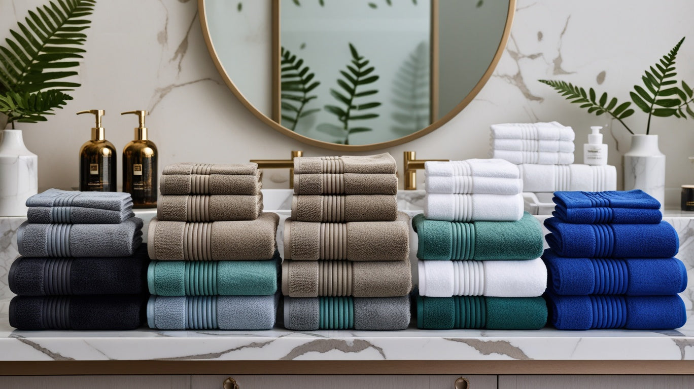 All 6 pieces of the Luxury 6-Piece Cotton Bath Towel Set neatly arranged for a stylish and functional bathroom. Luxury cotton towel set.