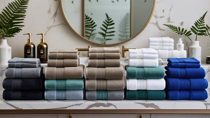 All 6 pieces of the Luxury 6-Piece Cotton Bath Towel Set neatly arranged for a stylish and functional bathroom. Luxury cotton towel set.