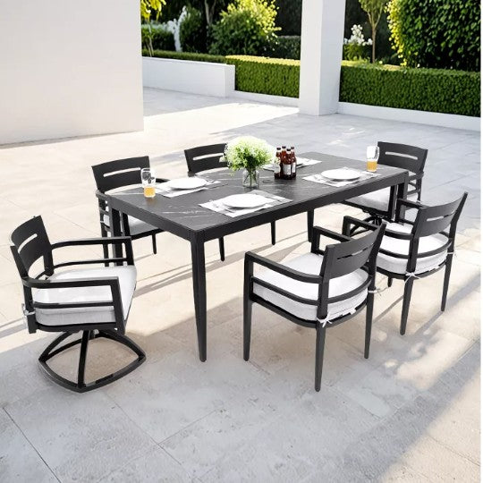 Stylish arrangement of the Modern Outdoor Dining Set with coordinated decor for a contemporary patio look.