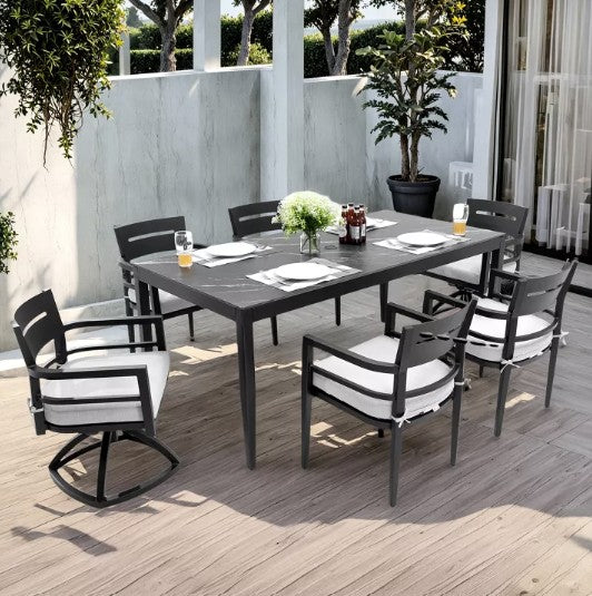 Weather-resistant features of the Modern Black Aluminum 7-Piece Outdoor Dining Set suitable for all seasons.