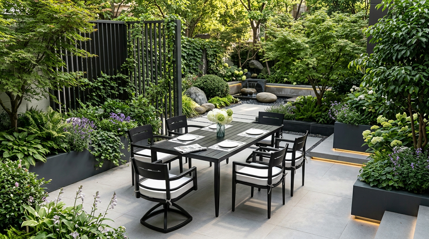 Modern Outdoor Dining Set in a beautifully designed patio, ideal for creating a chic and inviting outdoor space.