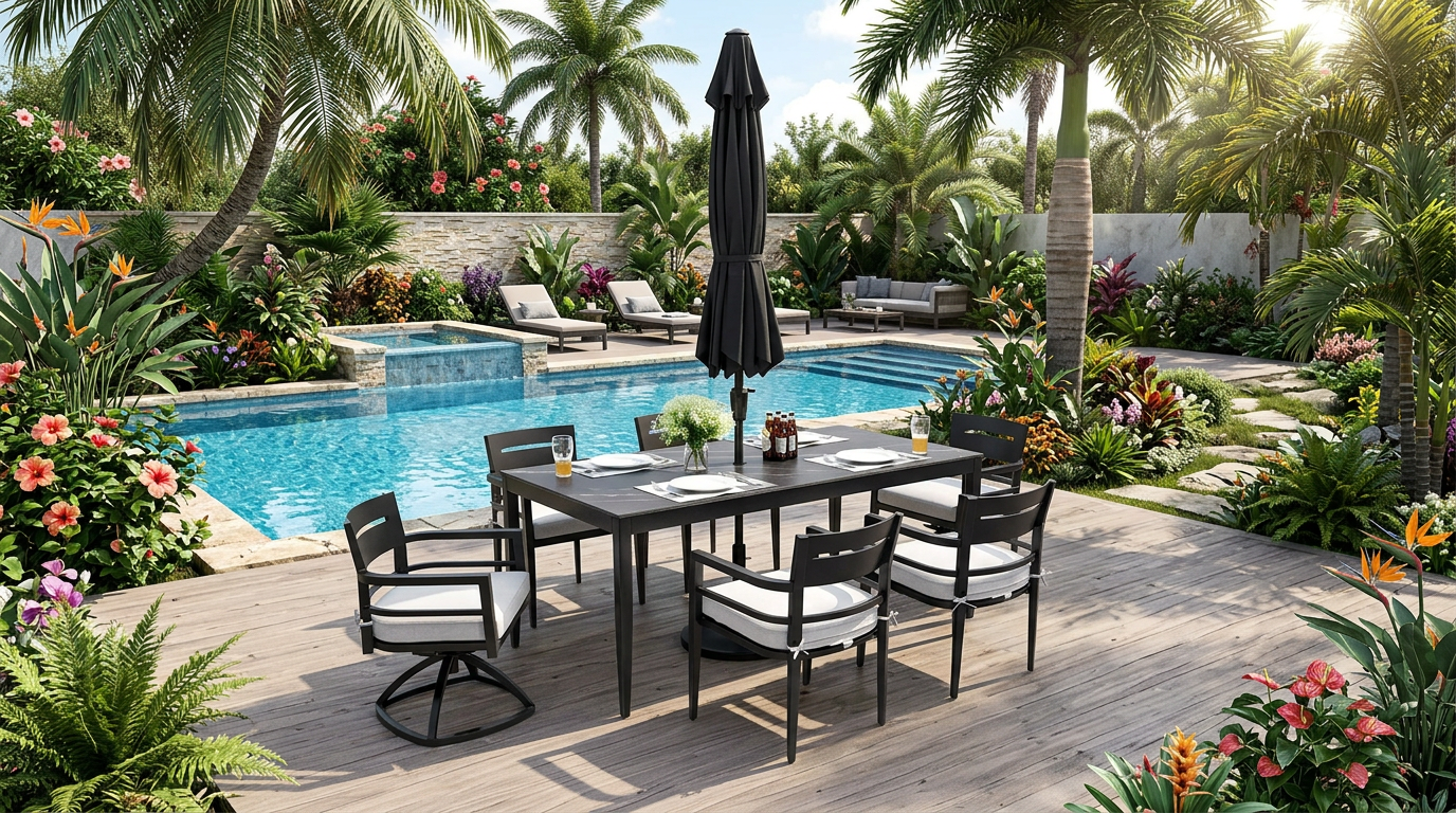 Stylish Modern Black Aluminum Outdoor Dining Set with a market umbrella and stoneware dinnerware.