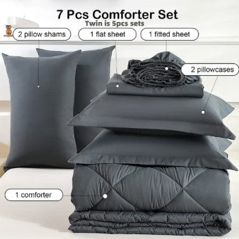 FISHDRU 5pcs/7pcs Diamond Quilted Bedding Comforter Set - Complete Bed in a Bag with Pillowcases and Shams, dark green diamond quilted comforter set