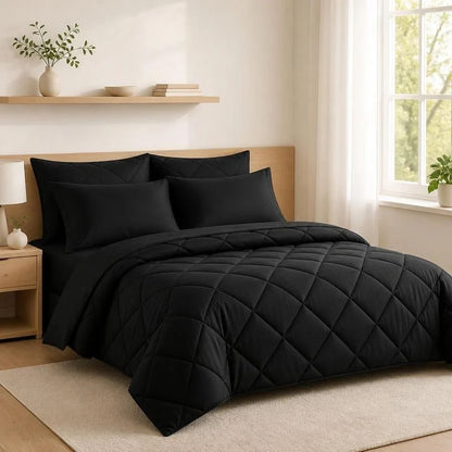 FISHDRU 5pcs/7pcs Diamond Quilted Bedding Comforter Set - Complete Bed in a Bag with Pillowcases and Shams, complete all-season diamond quilted comforter set
