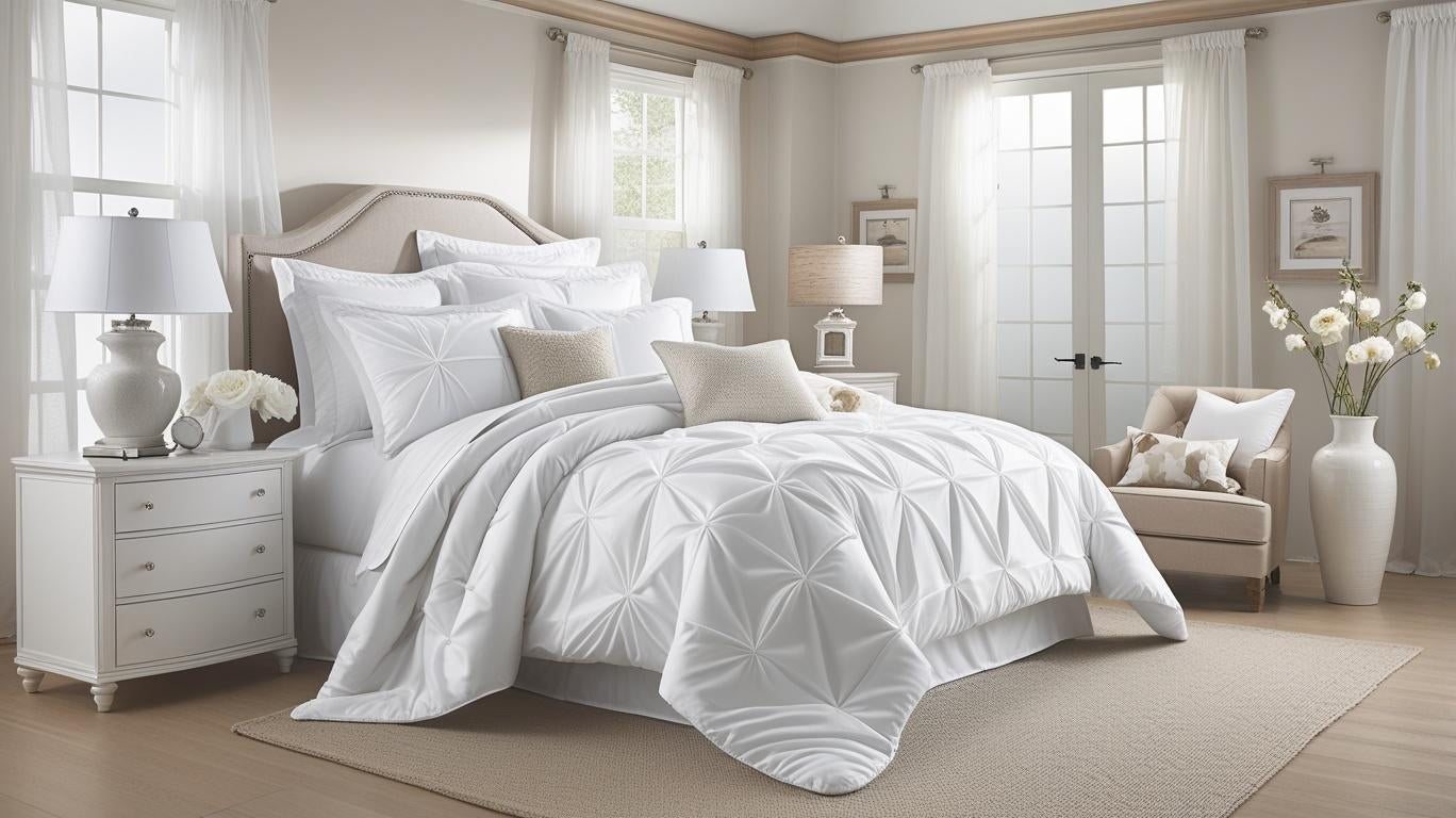 Enhance the elegance of your space with the Queen comforter set featuring a modern pinch pleat design for a polished look.