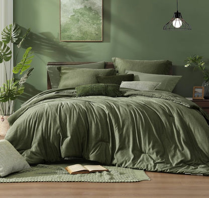 Clean, elegant view of the olive green 7 piece bed in a bag set, perfect for creating a calm retreat in your bedroom.