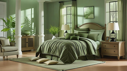 Spacious layout featuring the olive green 7 piece bed in a bag set in an oversized bedroom setting.