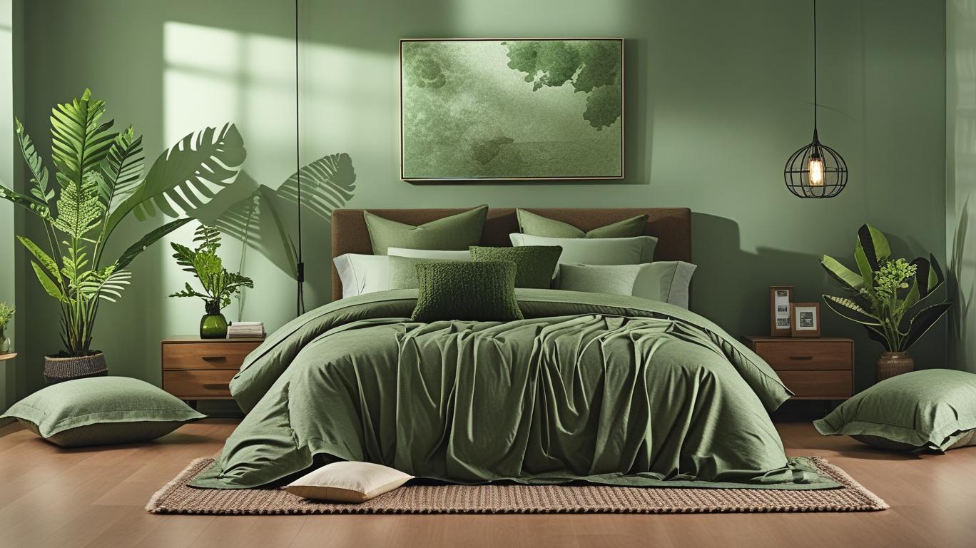 Machine washable and easy care elements of the olive green 7 piece bed in a bag set highlighted in a cozy bedroom.
