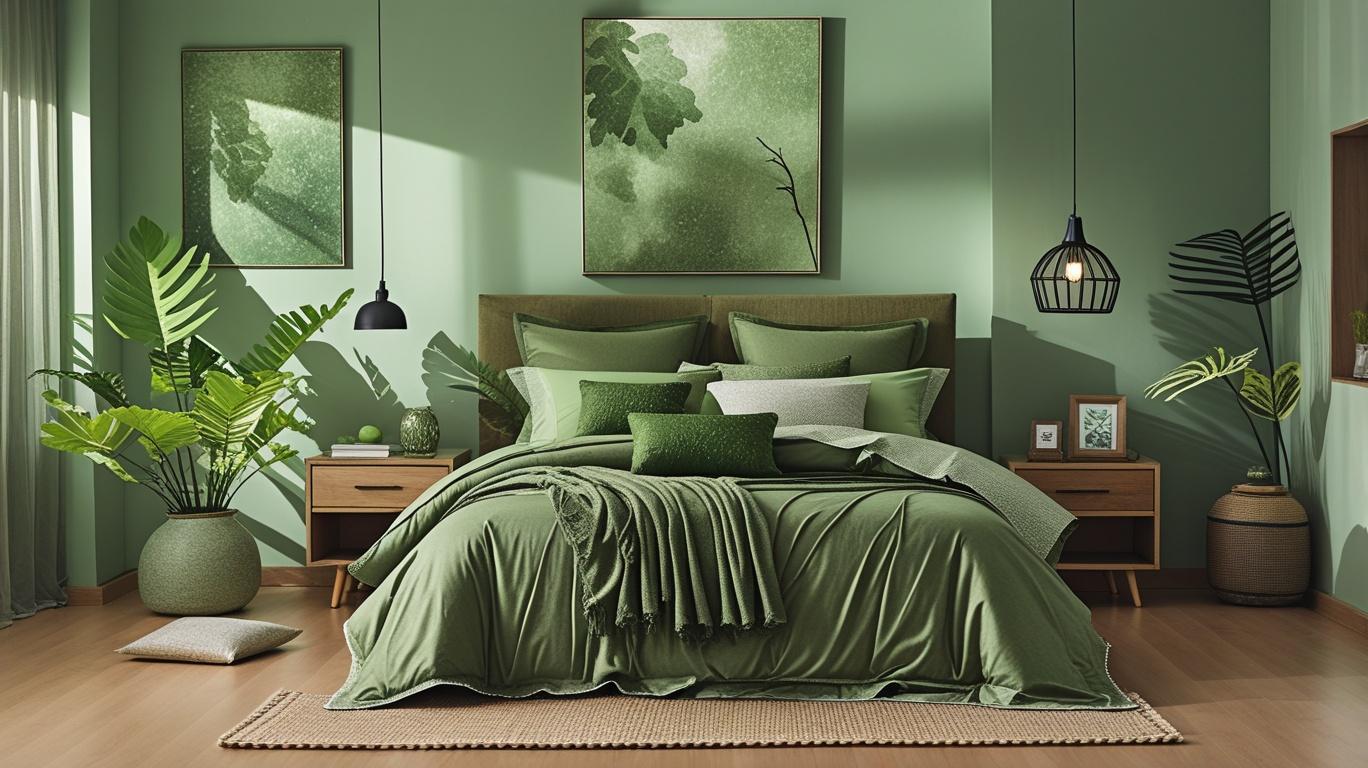 Stylish combination of the olive green 7 piece bed in a bag set with beige and cream decorative pillows.