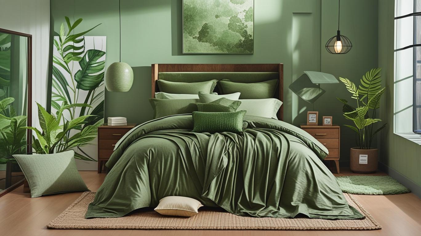 Rich cationic-dyed finish of the olive green 7 piece bed in a bag set beautifully styled in a minimalistic bedroom.