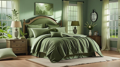 The full ensemble of the olive green 7 piece bed in a bag set arranged for a luxurious hotel-like bedroom experience.