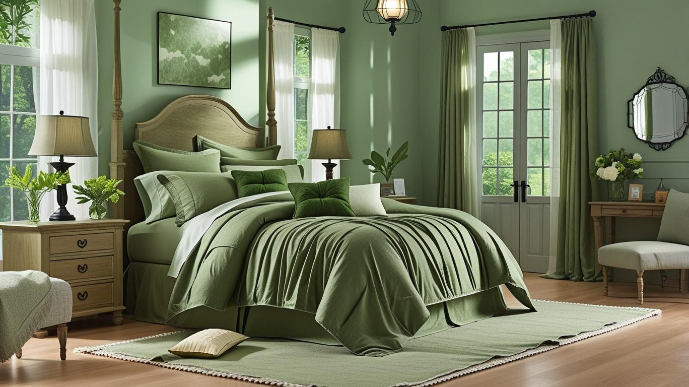 Highlighting the thickness and plush feel of the olive green comforter from the 7 piece bed in a bag set.