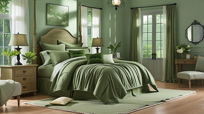Highlighting the thickness and plush feel of the olive green comforter from the 7 piece bed in a bag set.